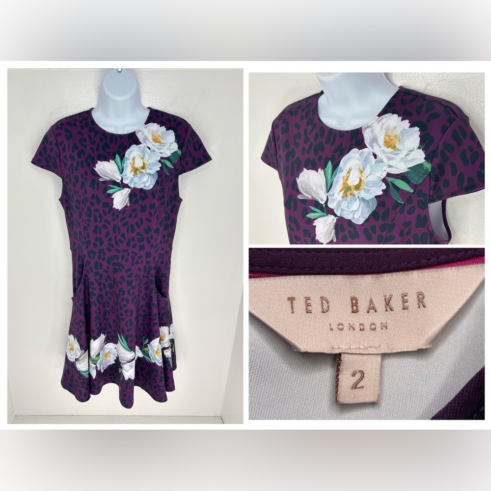 Ted Baker Leopard Cap Sleeve Floral Animal Print Dress Size 2 US Purple US 6